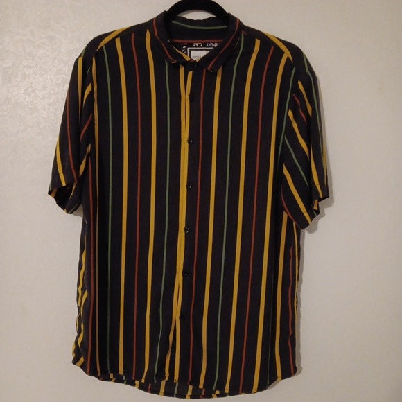 Other - Denim & Flower Men's Button-up Shirt Sz. L Black w/Red/Yellow/Green Stripes